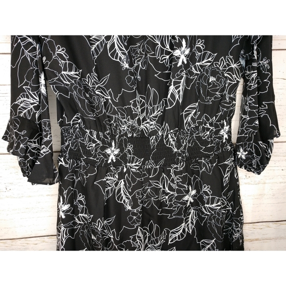 Parker Floral Print Ruffle Long Sleeves Smocked Waist Black Dress Women Large - Picture 8 of 11